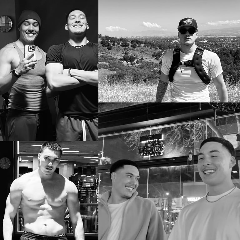 Collage of five black and white photos showing men in casual settings: indoor portraits, outdoor landscape, and gym scenes