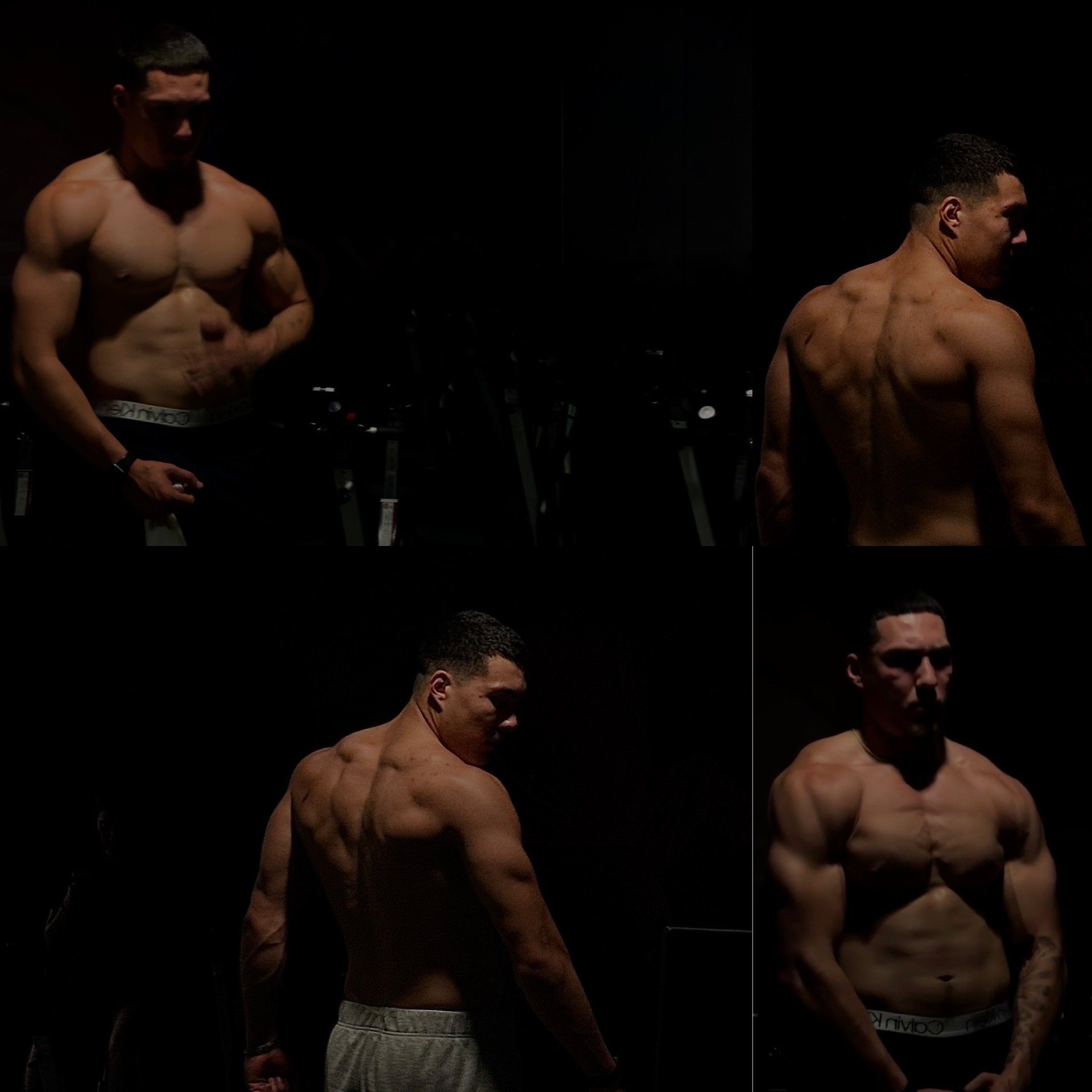 Four shirtless muscular men posing against a dark background, displaying physique and muscle definition